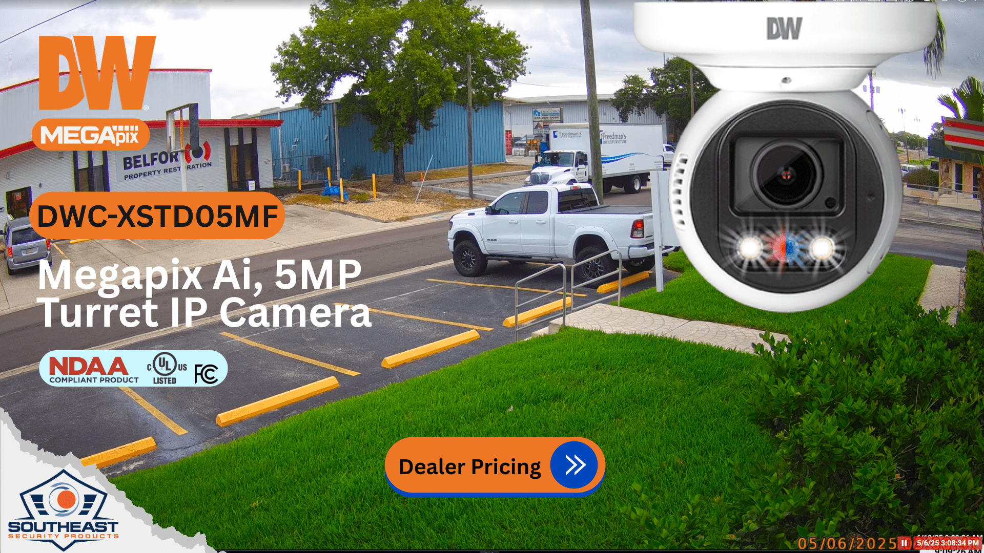DWC-XSTD05MF 5MP Turret Camera from Digital Watchdog DWC-XSTD05MF 5MP Turret Camera installed outside a commercial building