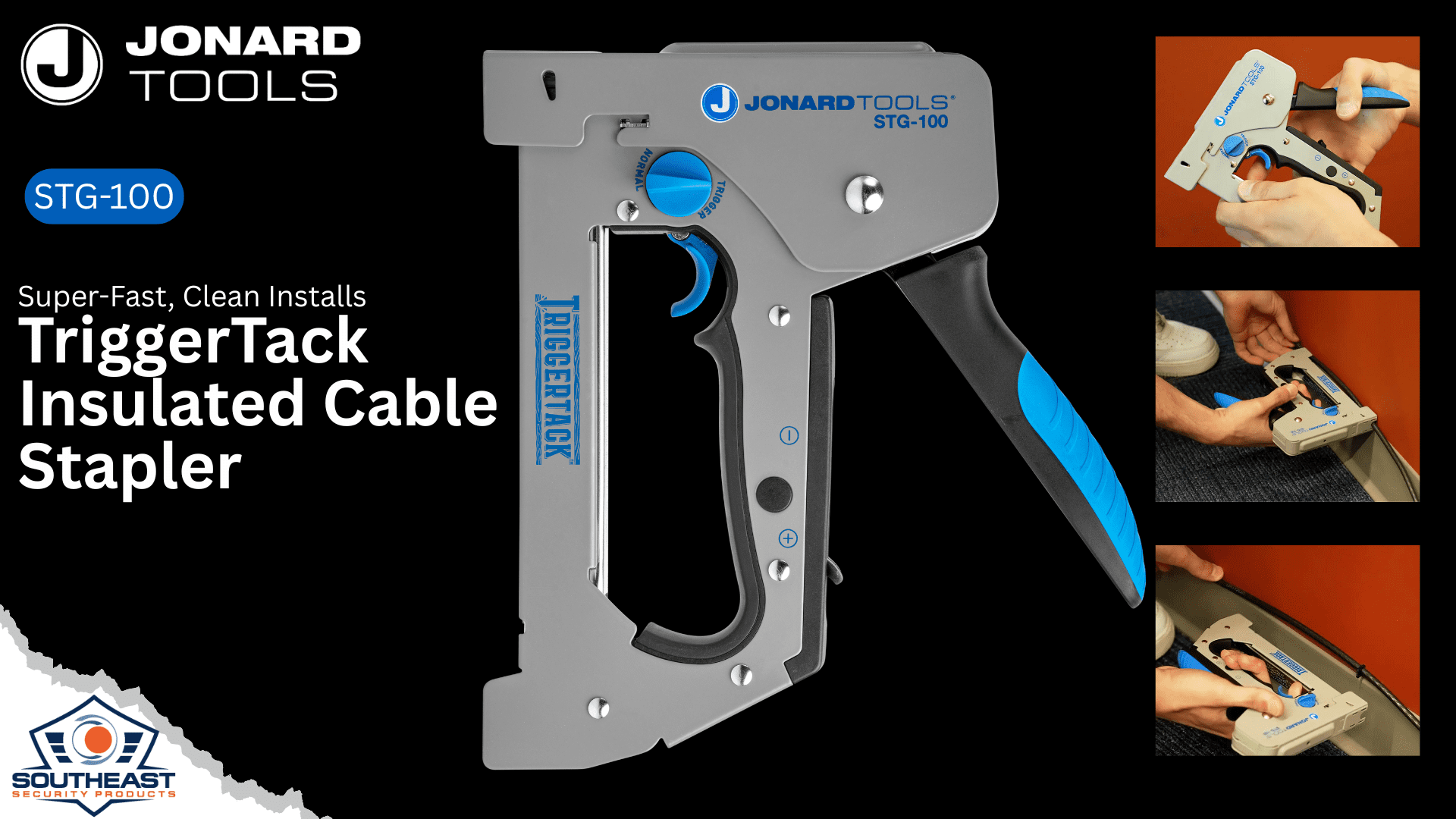 Jonard Tools TriggerTack STG-100 insulated cable stapler for clean low-voltage installs Jonard Tools TriggerTack STG-100 stapler securing coax cable to wood surface