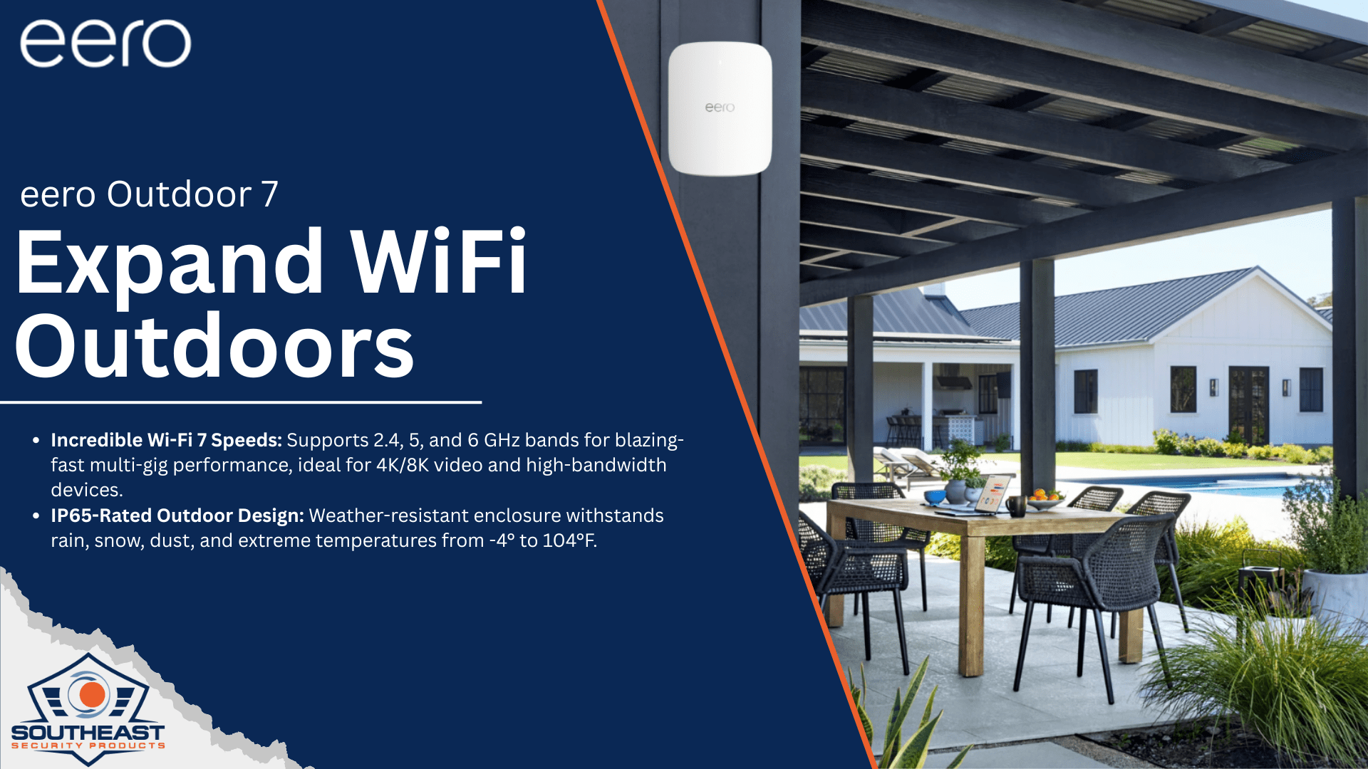 eero Outdoor 7 – Expand WiFi Outdoors with Weather-Resistant Wi-Fi 7 Performance eero Outdoor 7 expanding WiFi coverage to an outdoor patio area with a weatherproof mounted unit