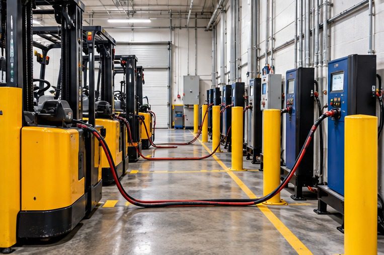 Industrial forklift battery charging area with charging stations